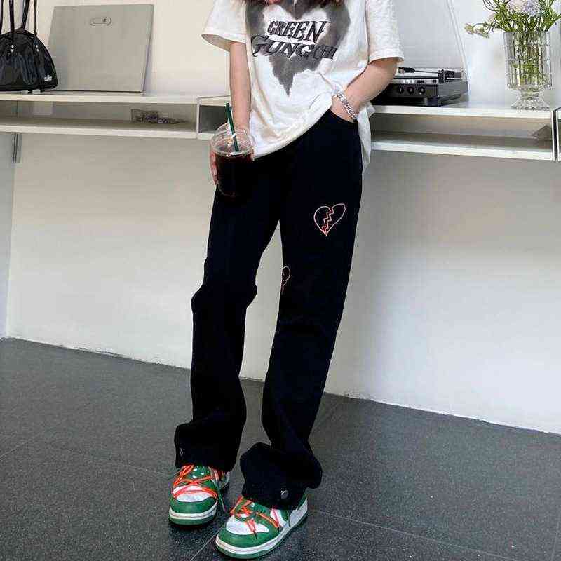 HOUZHOU Streetwear Love Embroidery White Baggy Women Fashion Jeans Retro Korean Style Kpop Low Waist Wide Leg Black Denim Pants 211129