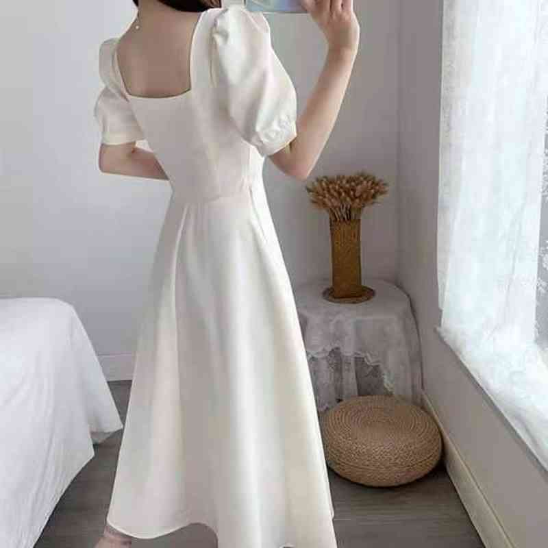 Square Collar Black Casual Dresses for Women Short Sleeve Elegant Midi Dress Dress Korean Office Lady Summer Chic 210521