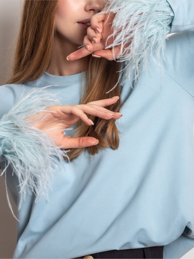 Early Spring Women Elegant Splicing Feather Long Sleeve Blouse T-Shirt Female Fashion Chic Simple Casual Pullovers Top 220307