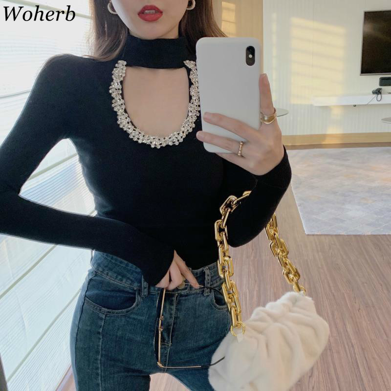 Neploe Sexy Lady Pullovers Heavy Beading Hollow Out Knitted Sweaters for Women Half Turtleneck Slim Long Sleeve Jumper Tops 210519