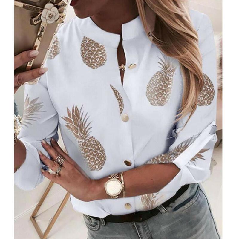 Women's Blouses & Shirts Fashion Women Long Sleeve Gold Pineapple Print Blouse V Neck Shirt Office Ladies Party Elegant Streetwear Femininas