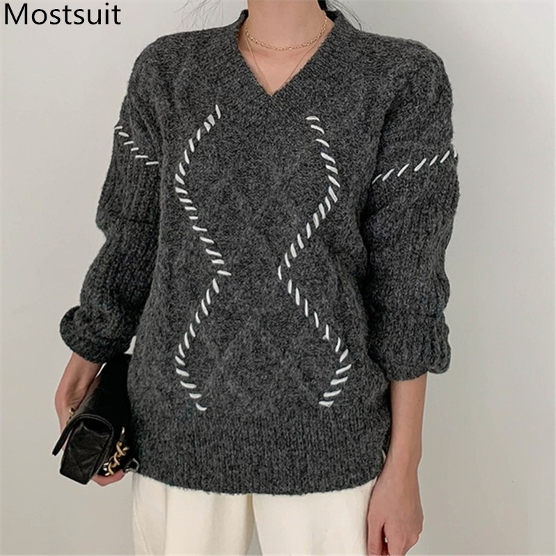 

Korean Vintage Twisted Knitted Pullovers Sweater Women Long Sleeve V-neck Loose Fashion Tops Autumn Winter Casual Knitwear 210518, Grey