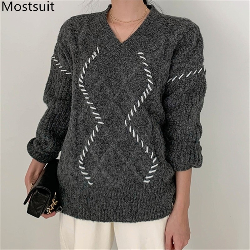 Korean Vintage Twisted Knitted Pullovers Sweater Women Long Sleeve V-neck Loose Fashion Tops Autumn Winter Casual Knitwear 210518, Grey
Korean Vintage Twisted Knitted Pullovers Sweater Women Long Sleeve V-neck Loose Fashion Tops Autumn Winter Casual Knitwear 210518, Grey