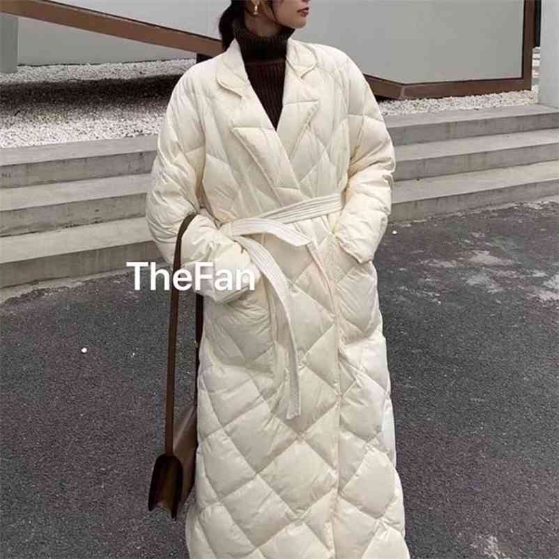 Wonder Long Rhombus Pattern Casual Sashes Women Parkas Pockets Tailored Collar Puffer Cotton-padded Outwear 210510