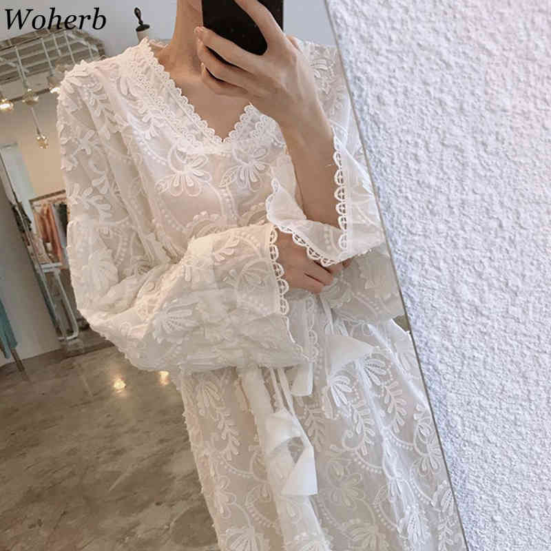 Summer Dress Women White Lace Embroidery Korean Style Fairy Dresses Kawaii Elegant Vintage Robe Mini Vestidos 210519