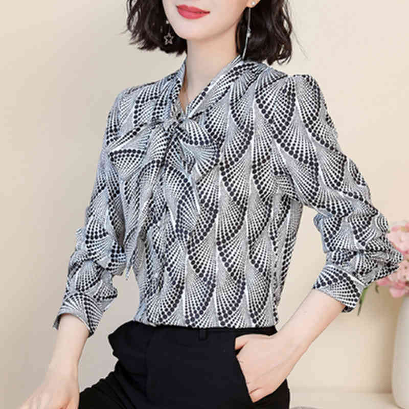 Arrival Bow Blouse Casual Women Tops and Elegant Loose Long Sleeve Chiffon female clothes 6581 50 210506