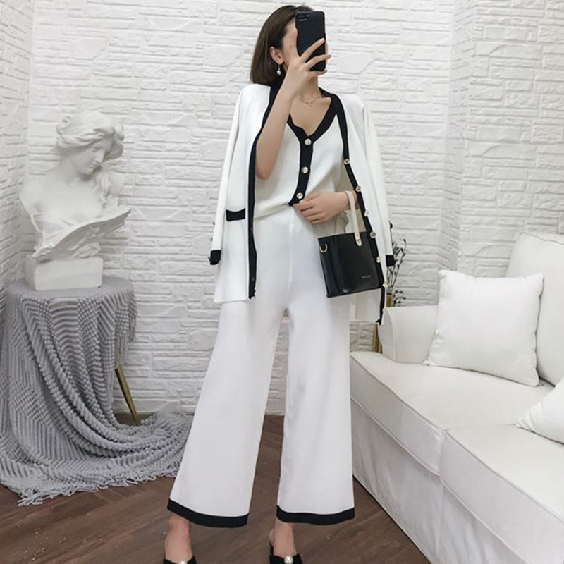 Women Casual Ol Pant Set Spring Ladies Small Fragrant V Neck Vest Top+cardigan+wide-leg Pants Suit Knitted Three-piece Suit 210515