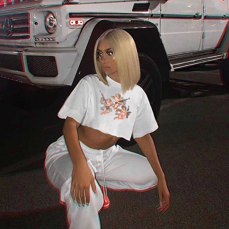 Angel Print Women Short Sleeve Casual Loose T-Shirt Woman Crop Tee Tops Summer Tshirt Streetwear feminina camiseta 210607