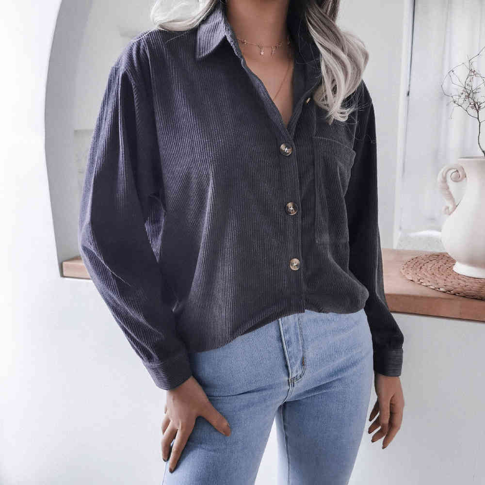 Shirts For Women Casual Loose Spring Autumn Corduroy Purple Long Sleeve Button Up Collared Ladies Tops Fashion New Blouses 210415