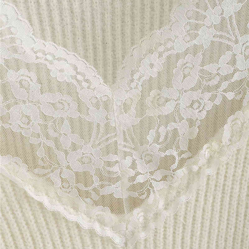 Autumn Women fashion V-neck Lace Solid Knitted Pullover Chic Lady Long Sleeve Loose White Sweater Fashion Jumpers 210421