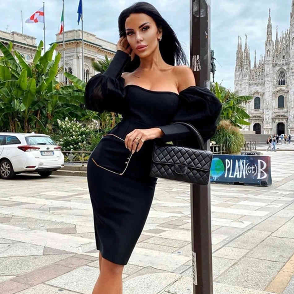 Winter Women Off Shoulder Black Bandage Dress Sexy Lace Long Lantern Sleeve Club Celebrity Runway Party Bodycon 210423