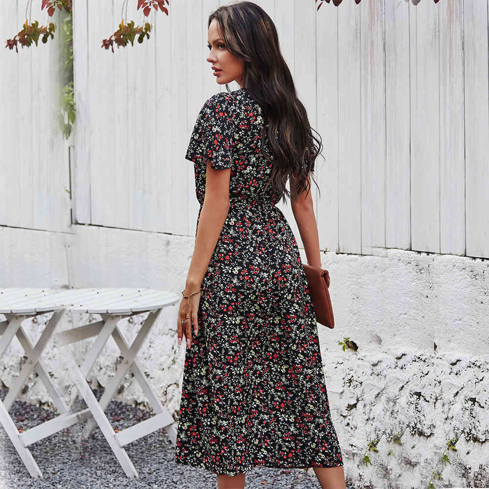 Beho printed women dress Summer Short Regular Sleeve V-Neck elastic waist Buttoned Printing Casual long Dress for female 210524