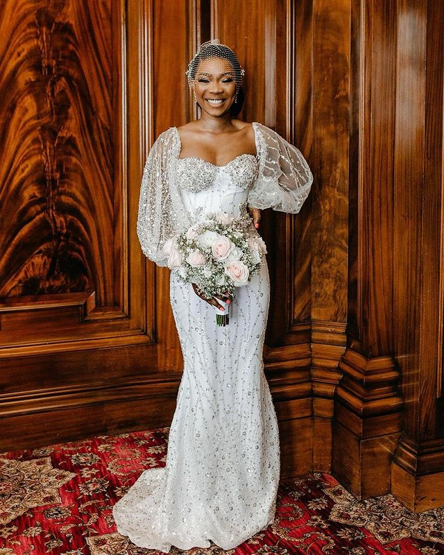 2022 Plus Size Arabic Aso Ebi Luxurious Mermaid Sparkly Wedding Dress Long Sleeves Sequined Beaded Crystals Bridal Gowns Dress ZJ266