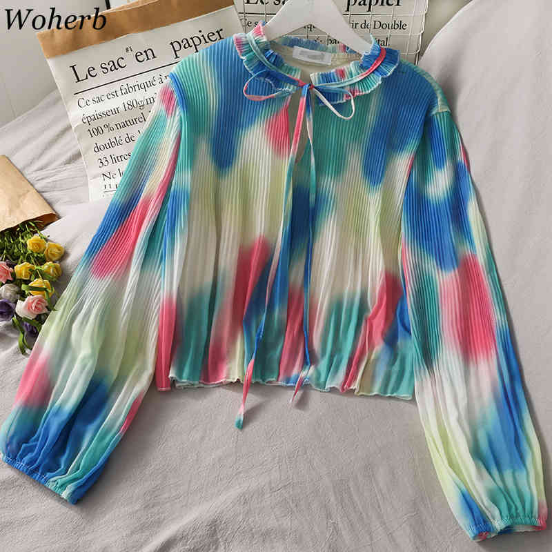 Long Puff Sleeve Korean Shirts Rainbow Tie Dye Pleated Blouse Summer Vintage Harajuku Blouses Women Tops Elegant Blusas 210519