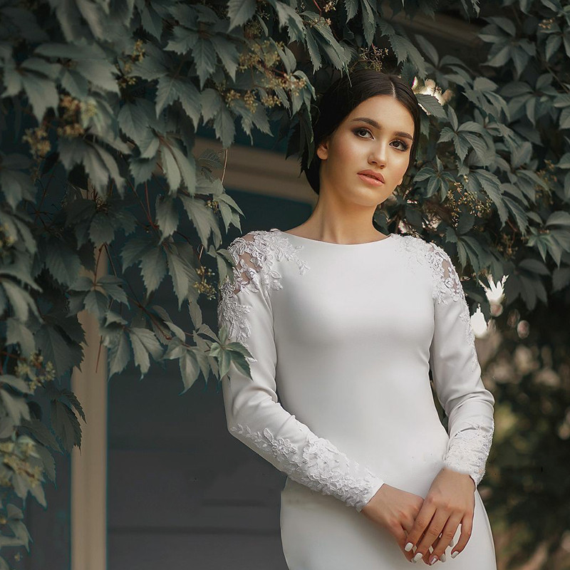 Simple Soft Satin Mermaid Wedding Dresses Long Sleeves Lace Appliques Bridal Gown Closed Back Muslim Wedding Party Gowns Robe De Mariee