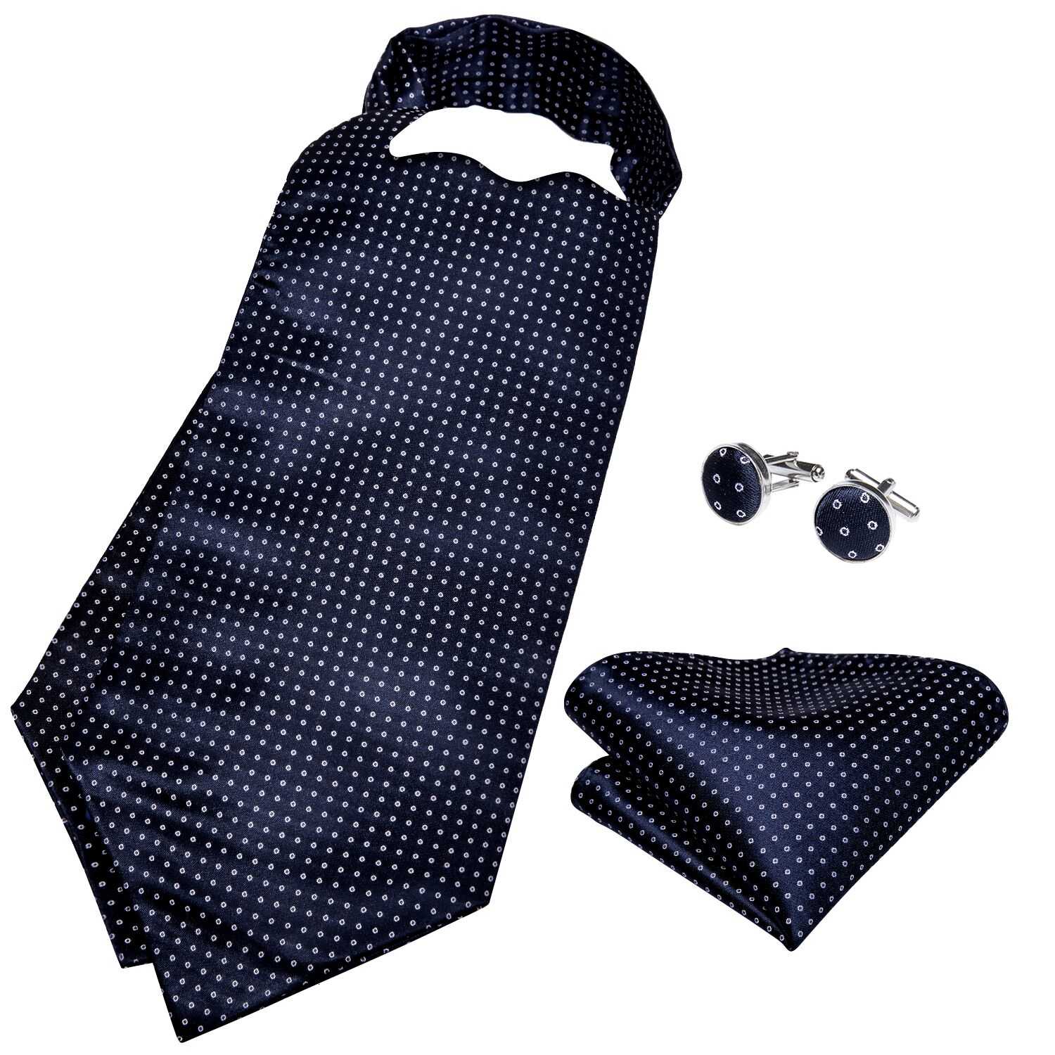 Design Men Silk Cravat Navy Dot Formal Ascot Tie Handkerchief Set with Ring Wedding Self Necktie Dibangu