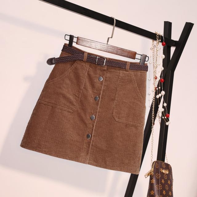 Autumn Office Short Skirt Denim Style Button A-line Corduroy High Waist Pocket Mini With Belt Bottoms 210510