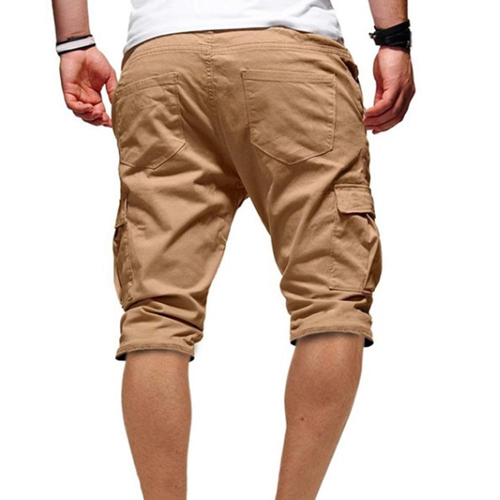 Men Stylish Summer Short Pants Solid Color Multi Pockets Drawstring Fifth Pants Beach Shorts 2021 Spring Summer Men's Clothing Y0408