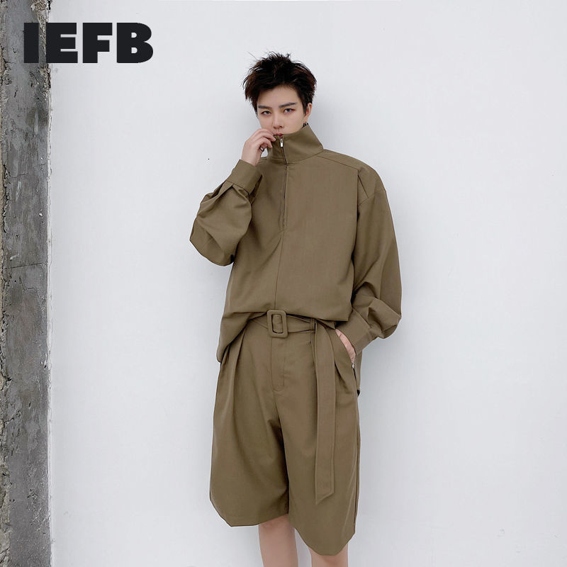 IEFB Spring Men's Wear Stand Collar Zipper Loose Causal Pullover Long Sleeve Shirt + Shorts With Belt Suit Two Pieces Set 210524
