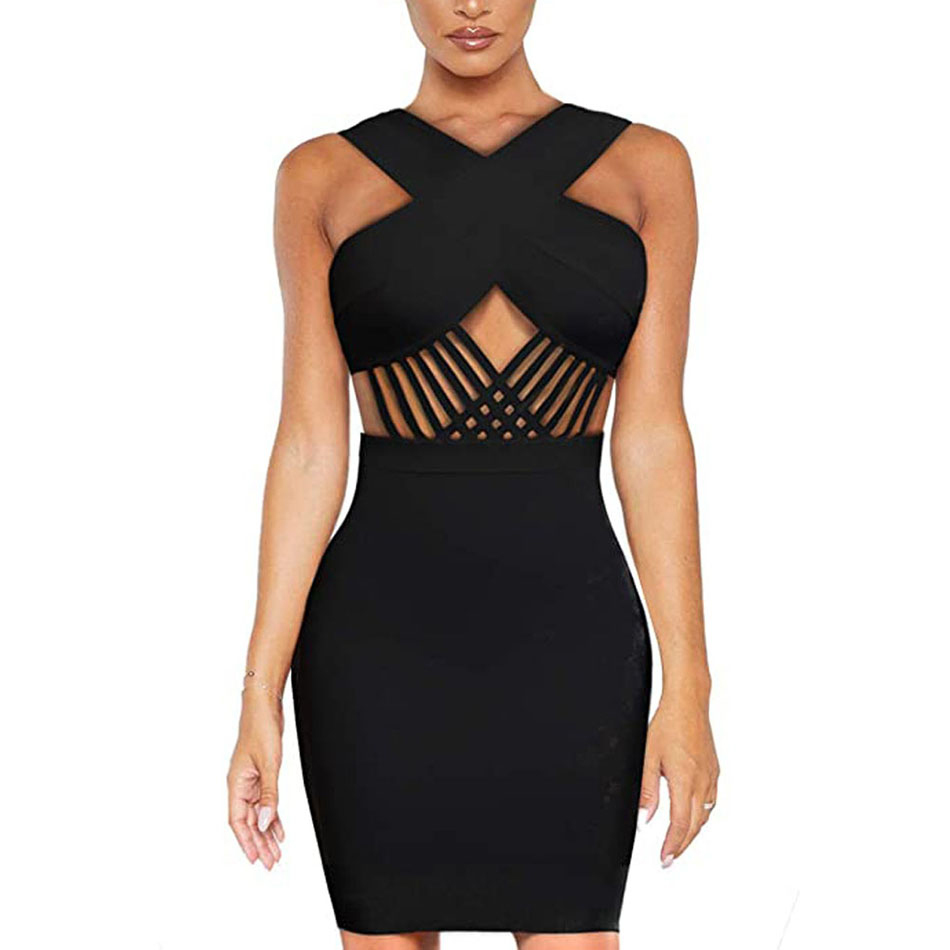 Free Chic Women Bandage Dress Sexy V-neck Sleeveless Bodycon Waist Hollow Celebrity Club Party Vestidos 210524