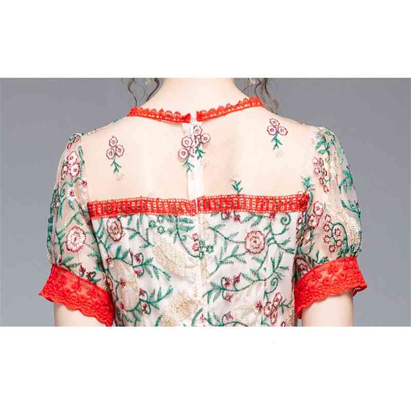 Summer Mesh Embroidery Flowers Dress Women O-Neck Casual Party Slim Long es Vintage Elegant Vestidos 210520