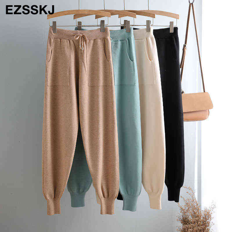 loose Women Elastic Waist Drawstring Trousers Thick Knitted Harem Pants Autumn Winter Sport pants sweater Carrot 211115