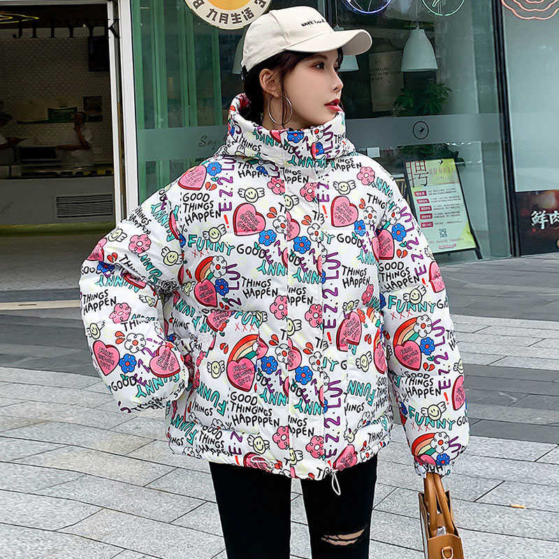 Oversize Clothes Winter Down Jacket Women Print Padded Coat Female Fashion Style zipper Short Outerwear Hooded Parka Mujer 210819