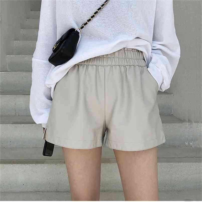 Khaki PU Leather Shorts Women High Quality Wide Leg Faux Waist For Autumn Loose 210714