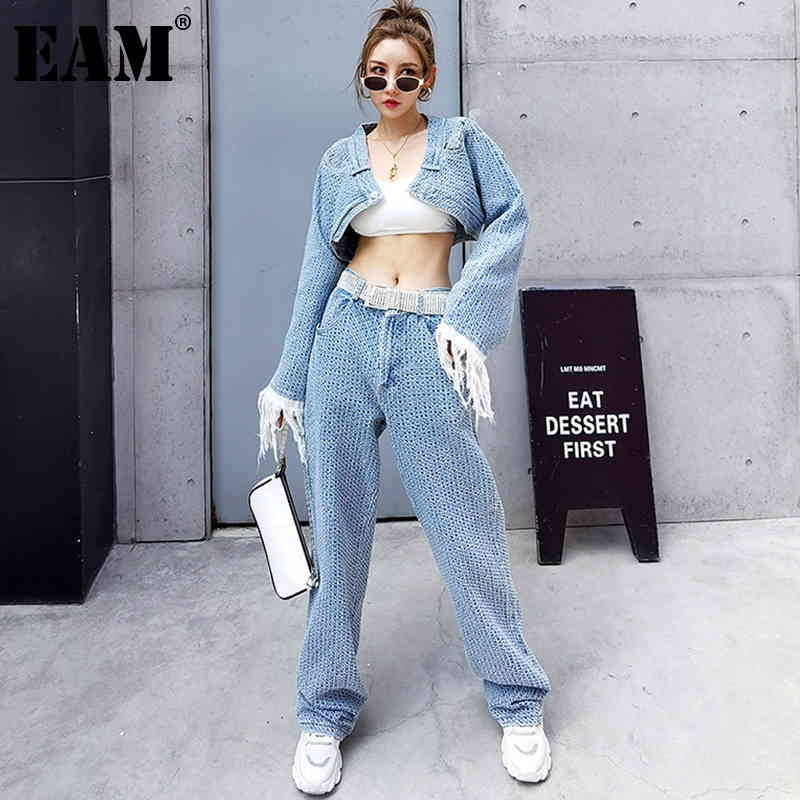 [EAM] Wide Leg Pants Two Piece Blue Denim Tassels Suit Long Sleeve Loose Fit Women Fashion Spring Autumn 1DD6388 210512