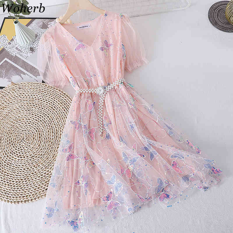 Elegant Lace Dress Women Sweet Mesh Robe Harajuku Butterfly Sequined Patch Kawaii Dresses Summer Casual Y2k Vestido 210519