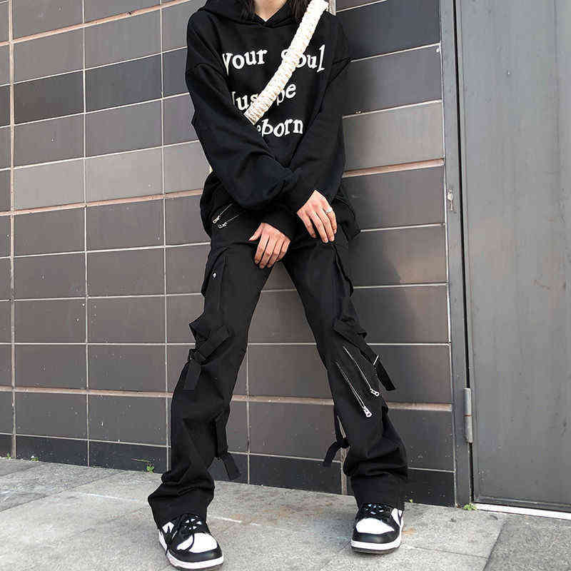 HOUZHOU Hip Hop Cargo Pants Men Fashion Punk Pants Zipper Hippie Black Cargo Trousers Streetwear Harajuku Gothic Mall Goth Pants 211112