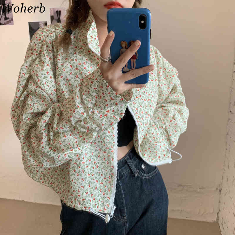 Korean Chic Elegant Floral Print Womens Coats and Jackets Pleated Sleeve Cropped Coat Spring Chamarras De Mujer 210519