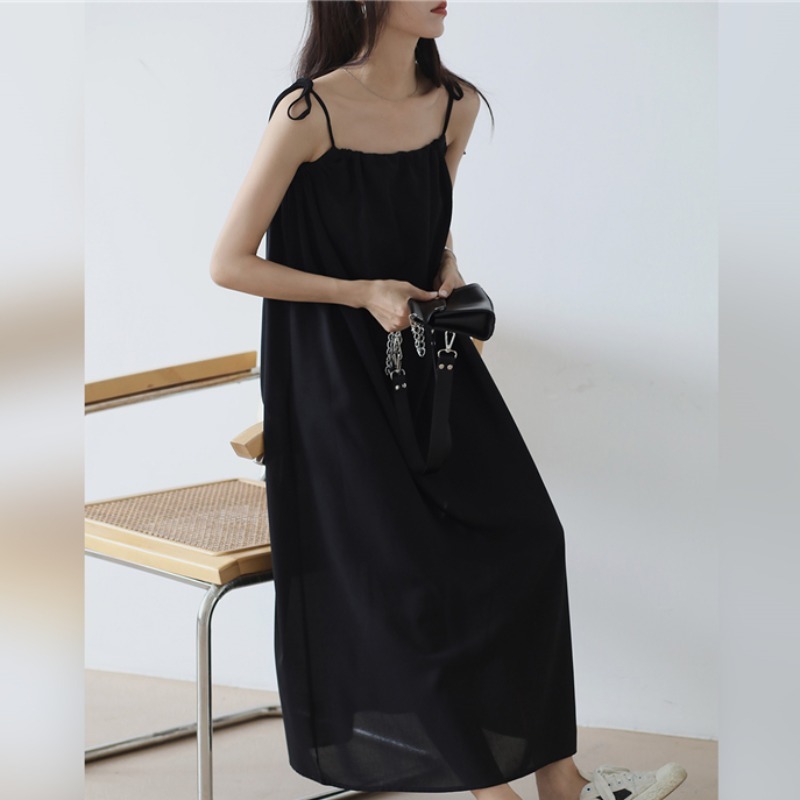 2 colors summer dress korean style soild color loose adjustable spaghetti strap black long dresses womens (B8969) 210423