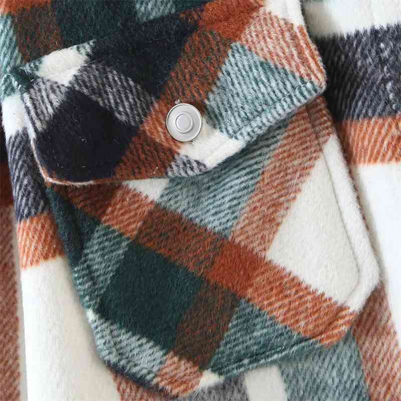 Vintage Stylish Orange And Green Plaid Jacket Coat Women Fashion Lapel Collar Long Sleeve Loose Outerwear Chic Tops 210520