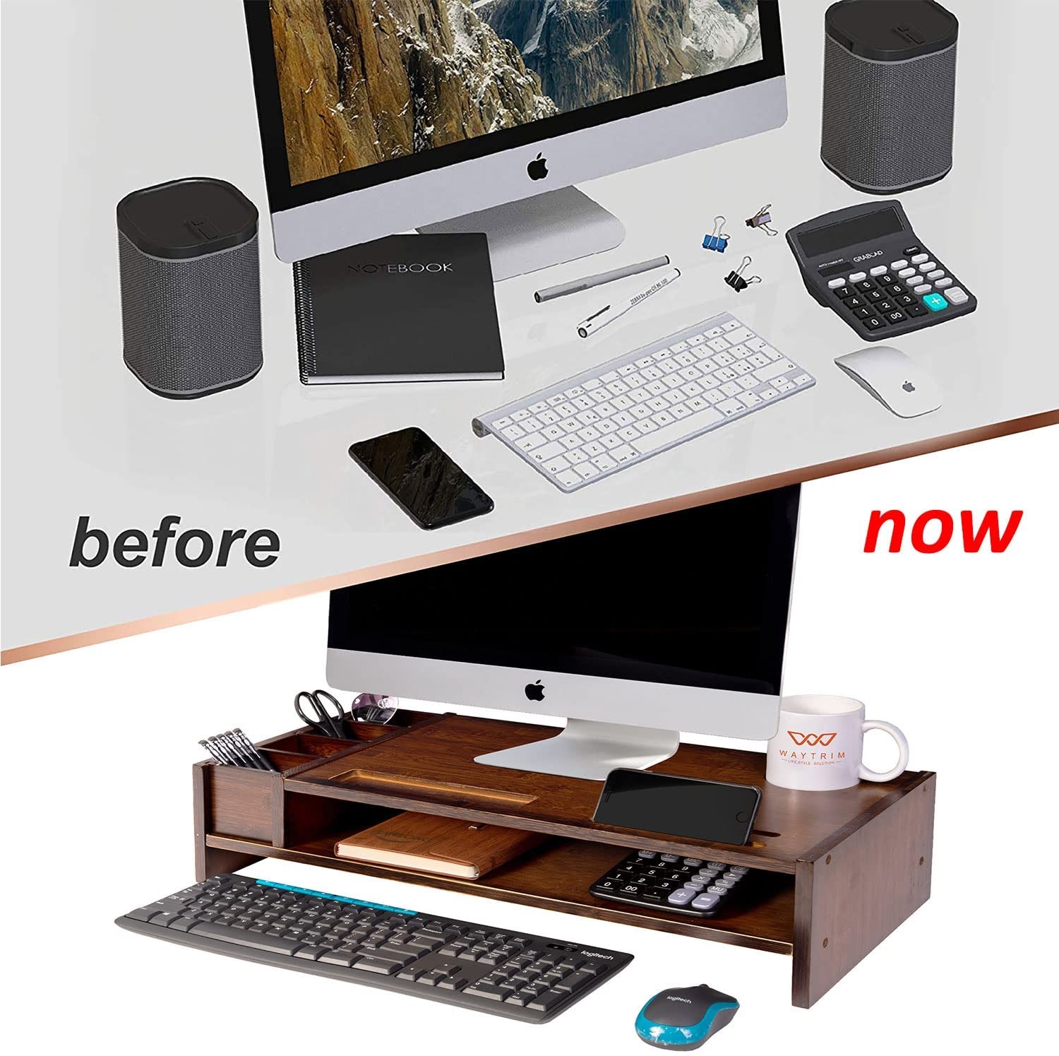 2-Tier Bamboo Monitor Stand, Wood Computer Monitor Riser, Wooden Desk Organizers with Adjustable Storage Accessories Shelf for iMac, Laptop, Printer B