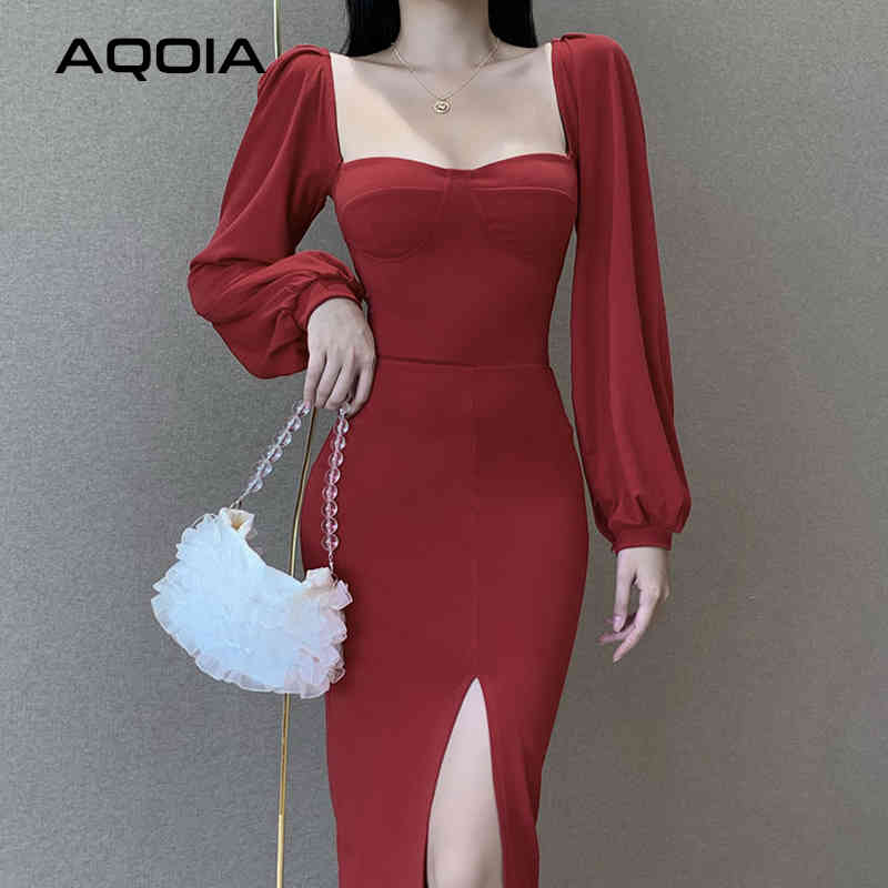 

Spring Vintage Solid Color Cotton Women Dress Sexy Sheath Puff Sleeve Empire Ladies es Square Collar Slit Party 210521, Random color