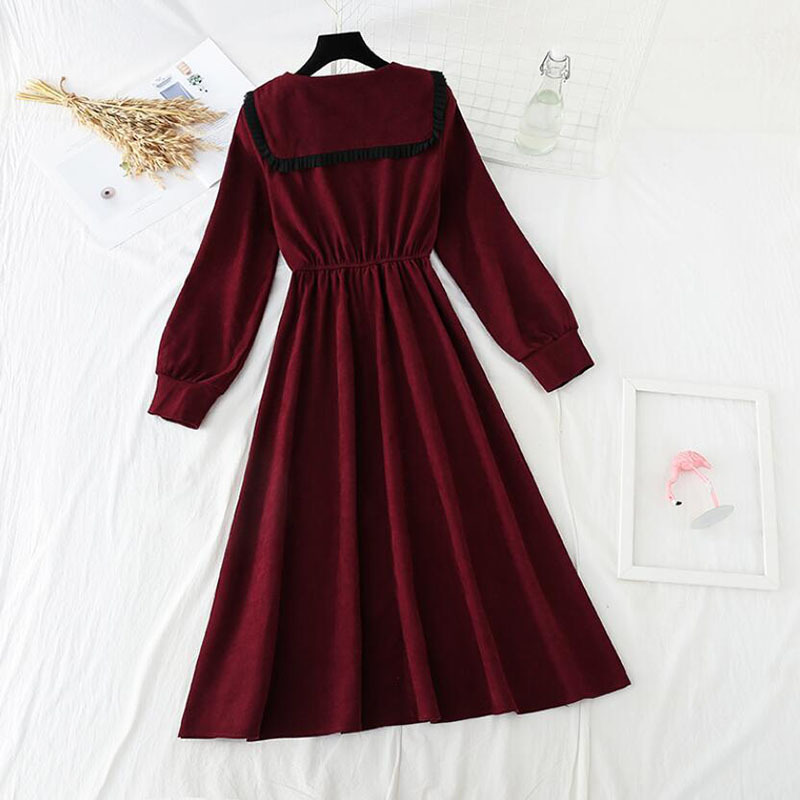 Spring Summer Casual Long Sleeve Corduroy Dress Fashion Doll collar Solid Slim Vintage Dress Elegant Party Vestidos 210521