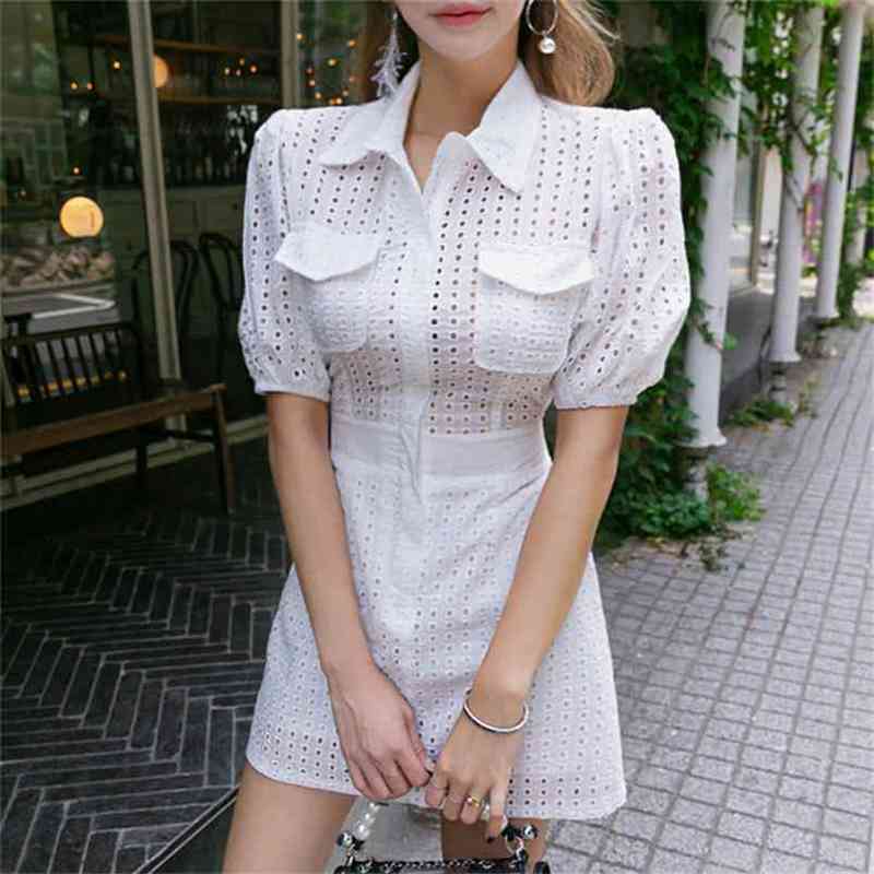 Summer Puff Sleeve Hollow Out High Waist Solid Mini Bodycon White Shirt Women Office Lady Dress 210519