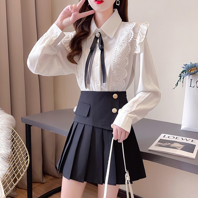 Girl Student 2 Piece Set Korea Sweet Bow Ruffles Long Sleeve Chiffon Shirts + High Waist Pleated Short Skirts Fashion Outfits 210519