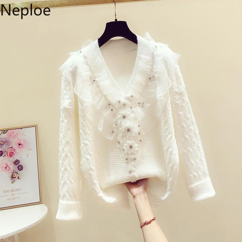 Sweet Knitwear Pullovers Ruffles V-neck Sweaters for Women Heavy Thicken Warm Sueter Lace Patchwork Jumper Winter Clothes 210430