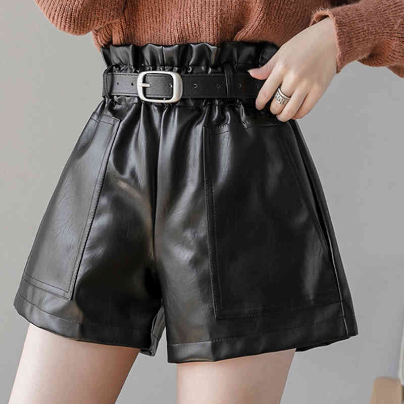 Fashion PU Leather Shorts Women High Waist with Waistband Autumn and Winter Streetwear Solid Wide Leg 11091 210506
