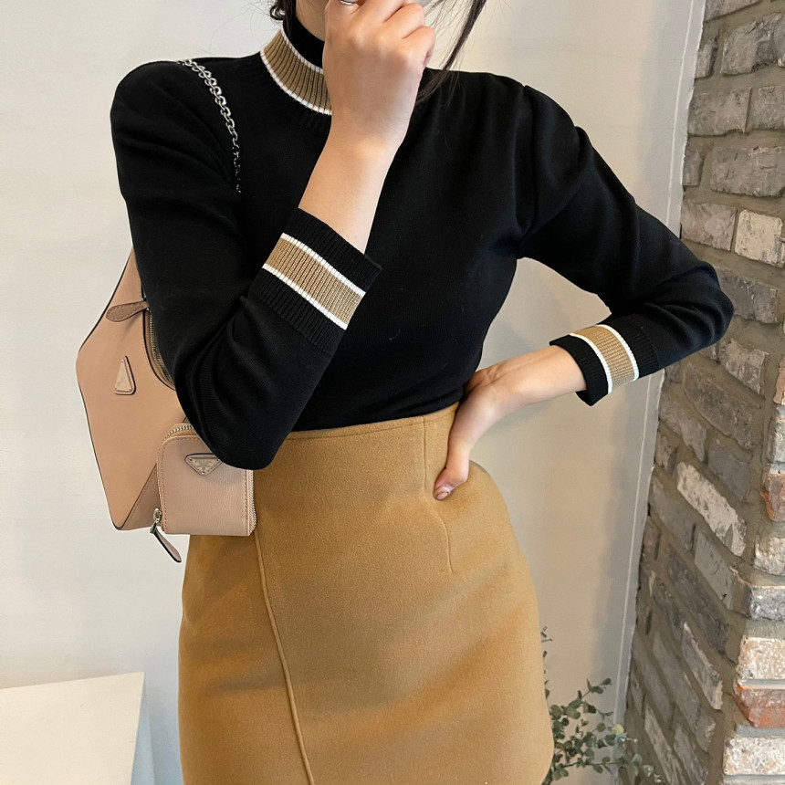 Autumn Winter Turtleneck Knitted Sweater Women Casual Hit Color Striped Pullovers Female Office Lady 210519