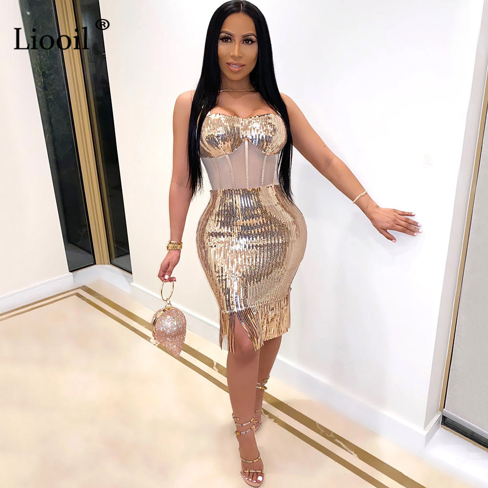 Liooil Gold Black Sequin Mesh Sheer Sexy Bosycon Midi Dress With Tassel Sleeveless Strapless Night Club Party Women Dresses 210409