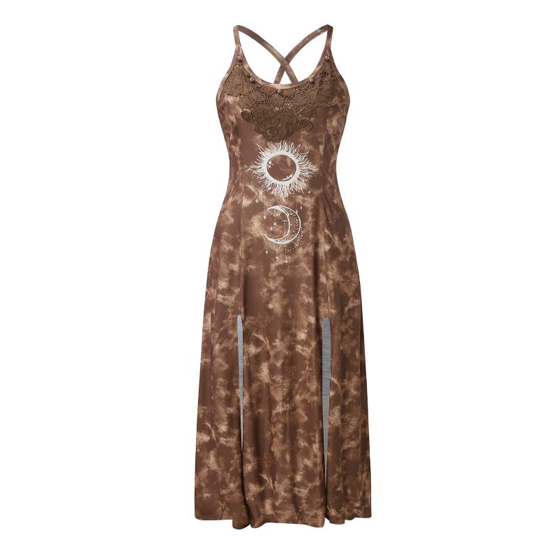 Dress Women Summer Retro Dyeing Lace Print Split Dresses Sexy Long Slip Undefined Elegant For Casual