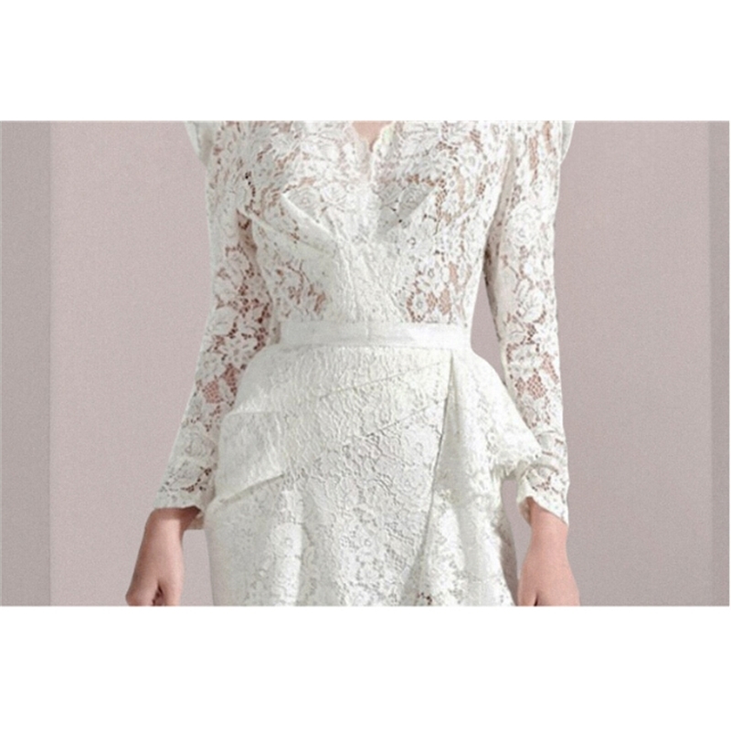 High-End Autumn Female White Ruffle Lace Dress Sexy V Neck Long Sleeves Vacation Holiday Women Clothes Vestido 210520