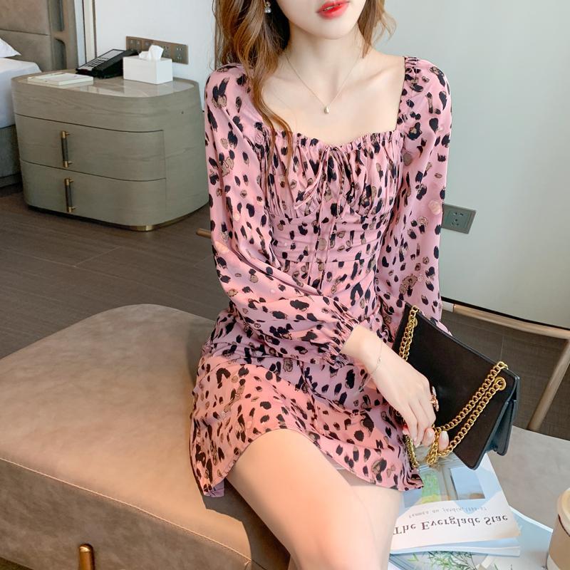 Square Collar Sweet Pink Dresses Women French Fashion Leopard Print Spring Office Lady Mini Vestidos 12974 210506