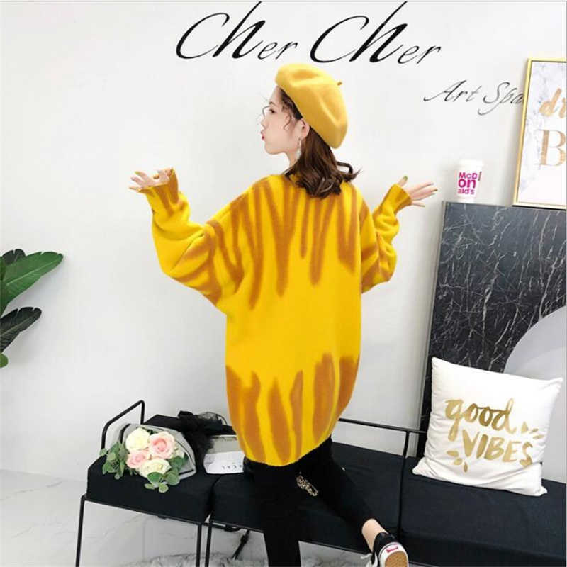 Elegant Green Striped Print Oversized Pullovers Women Winter O-Neck Loose Long Sweaters Streetwear Warm Outerwear 8 Colors 210918
