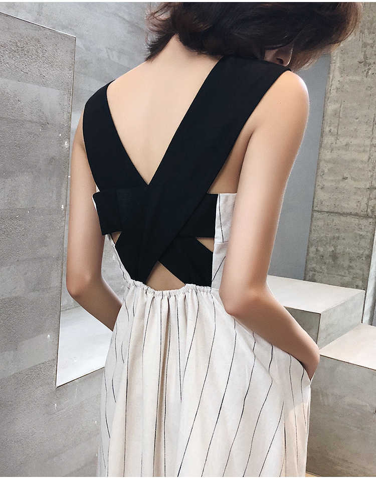 Women Casual Sleeveless Strap Linen Mid-calf Dress Summer striped Female Sundress Vestido 210623