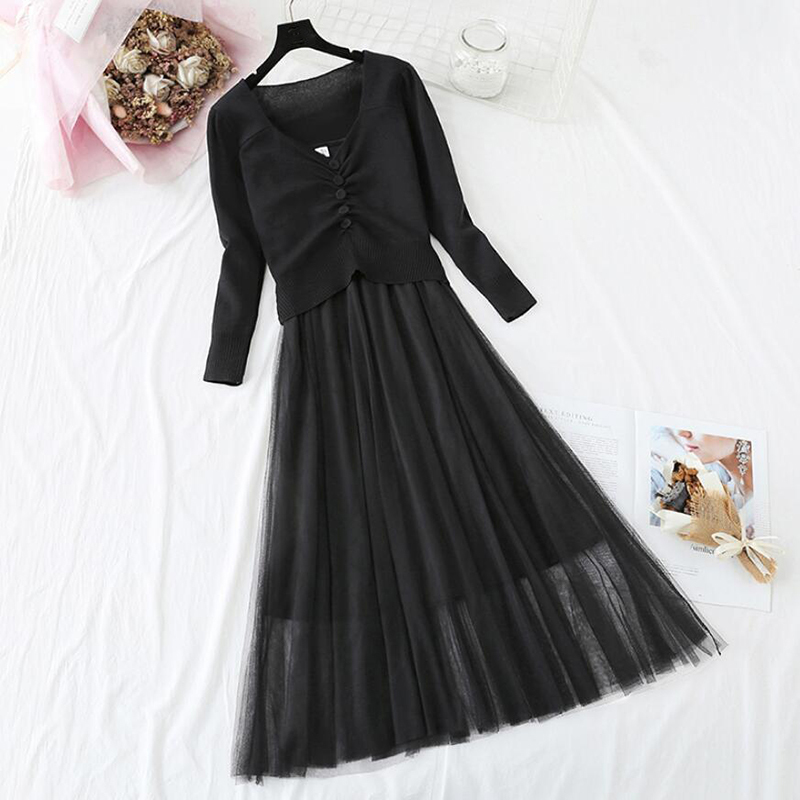 Spring Autumn Womans Sweater + Mesh Sling Dress Sets Solid Color Female Casual Two-Pieces Suits Elegant Knitted Dress 210521