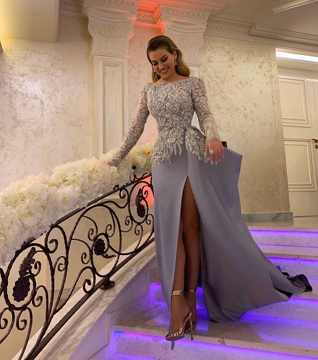 2021 Plus Size Arabic Aso Ebi Lace Beaded Sexy Prom Dresses High Split Long Sleeves Evening Formal Party Second Reception Gowns ZJ432